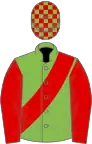 Light Green, Red sash and sleeves, check cap
