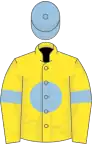 Yellow, light blue disc and armlets, light blue cap
