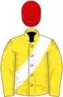 Yellow, white sash, red cap