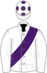 WHITE, purple sash, white cap, purple spots