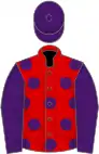 Red, purple spots, purple sleeves and cap