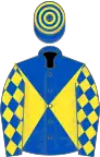 Royal blue and yellow diabolo, royal blue sleeves, yellow diamonds, hooped cap