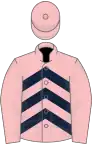 Pink, dark blue chevrons, pink sleeves and cap
