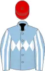 Light blue, white triple diamond, striped sleeves, red cap