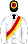 White, red and yellow sash and hoops on black cap