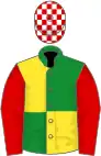 Green and yellow (quartered), red sleeves, red and white checked cap