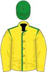 Yellow, green seams, yellow sleeves, green cap