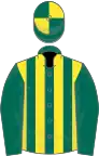 Dark green and yellow stripes, dark green sleeves, quartered cap
