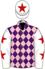 Purple and pink diamonds, white sleeves, red stars, white cap, red star