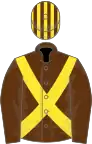 Brown, yellow cross-belts, striped cap