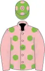 Pink, light green spots, pink sleeves, light green cap, pink spots