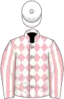 Pink and white diamonds, striped sleeves, white cap