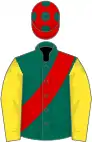 Dark green, red sash, yellow sleeves, red cap, dark green spots