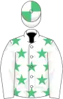White, emerald green stars, white sleeves, quartered cap