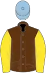 Brown, yellow sleeves, light blue cap