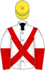 White, red cross-belts, halved sleeves, yellow cap
