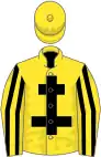 Yellow, black cross of lorraine, striped sleeves, yellow cap