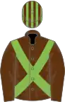 Brown, light green cross sashes, striped cap