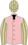 Pink, pink and light green striped sleeves, striped cap