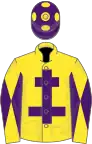 Yellow, purple cross of lorraine, diabolo on sleeves, purple cap, yellow spots