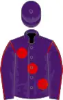 Purple, large red spots, red seams on sleeves, purple cap