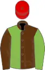 Brown and light green halved, sleeves reversed, red cap