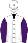 White, purple sleeves, white cap
