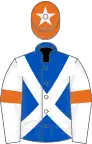 Royal blue, white cross belts, white sleeves, orange armlets, orange cap, white star