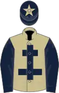 Beige, dark blue cross of lorraine and sleeves, dark blue cap, beige star