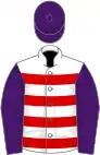 White, red hoops, purple sleeves and cap