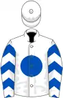 White, royal blue disc and chevrons on sleeves, white cap