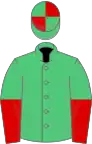 Emerald green, red halved sleeves, quartered cap
