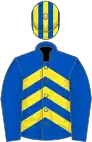 Royal blue and yellow chevrons, royal blue sleeves, striped cap