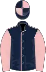 Dark blue, pink seams and sleeves, quartered cap