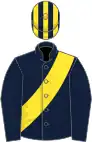 Dark blue, yellow sash, striped cap