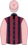 Dark blue and maroon stripes, pink sleeves and cap