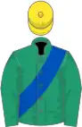 Emerald green, royal blue sash, yellow cap