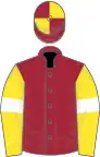 Maroon, yellow sleeves, white armlets, maroon and yellow quartered cap