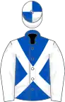 Royal blue, white cross sashes and sleeves, white and royal blue quartered cap