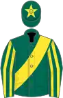 Dark green, yellow sash, striped sleeves and star on cap
