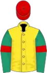 Yellow, emerald green sleeves, red armlets, red cap