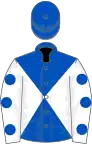 Royal Blue and White diabolo, White sleeves, Royal Blue spots, Royal Blue cap