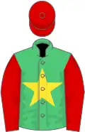Emerald green, yellow star, red sleeves and cap