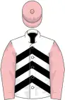 White and black chevrons, pink sleeves and cap