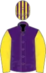 Purple, yellow sleeves, purple and yellow striped cap