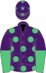 PURPLE, emerald green spots, halved sleeves, purple cap, emerald green stars