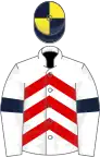 White and red chevrons,white sleeves, dark blue armlets, dark blue and yellow quartered cap