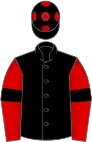 Black, red sleeves, black armlets, black cap, red spots