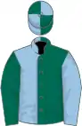 Dark green and light blue (halved), sleeves reversed, quartered cap