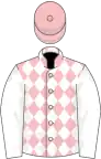 Pink and white diamonds, white sleeves, pink cap